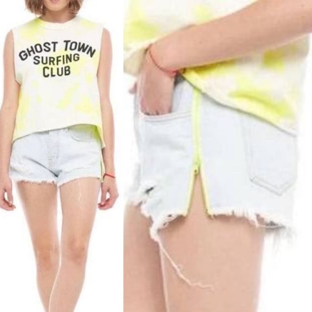 Sandrine Rose distress denim moto zipper rave shorts neon yellow 31 women’s new